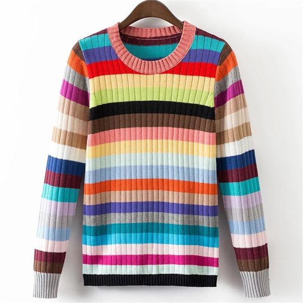 

wholesale- new arrivals rainbow stripes women sweaters fashion autumn winter long sleeve knitwear casual loose patchwork sweater 62973, White;black