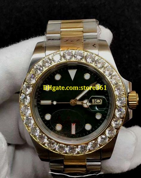 

christmas gift mens swiss watch 16613 big diamond bezel two-tone stainless steel strap green dial automatic watch, Slivery;brown