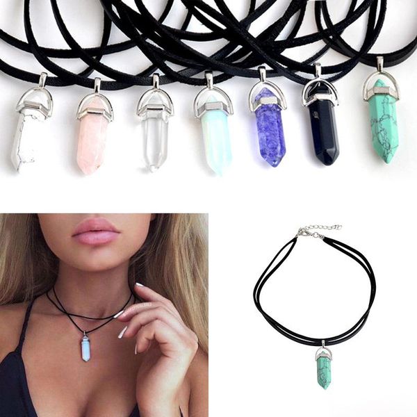 

pendant necklaces bullet hexagonal prism shape natural stone crystal chakra stone pendant necklaces for women crystal stone necklace, Silver