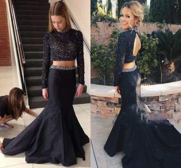 

2023 black two pieces prom dresses beaded high neck long sleeve taffeta mermaid evening gowns custom made backless formal party dresses
