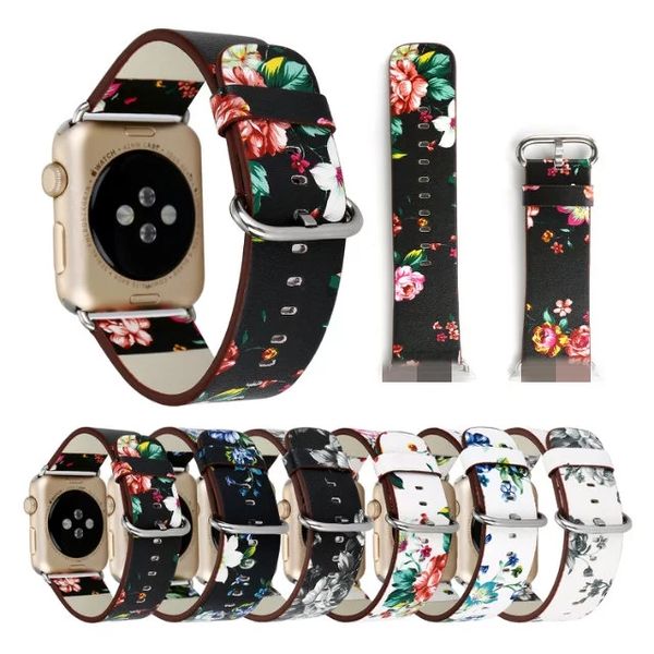 Siyah Beyaz Çiçek Baskılı Deri Watch Bands Sapanlar Apple İzle için 40mm 44mm 38mm 42mm Çiçek Tasarım Bilek Watchband Bilezik Fit IWatch Serisi 6 SE 5 4 3 2 1