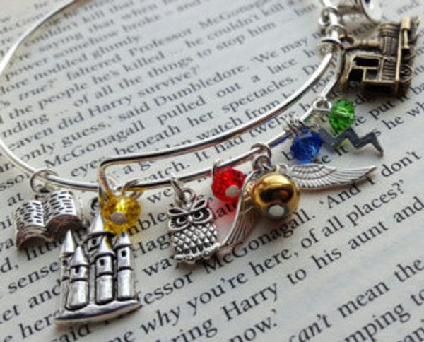 

12pcs/lot HP Expandable Bangle Charm Bracelet book castle owl snitch lightning charm adjustable