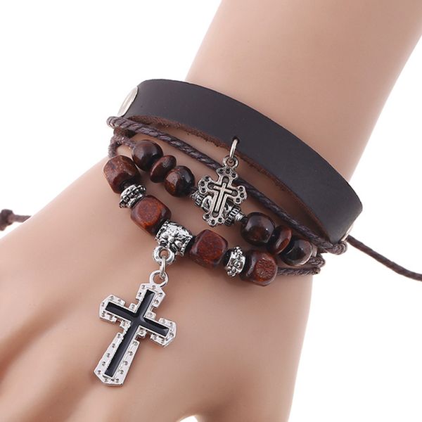 

new men's casual genuine leather bracelet multi-layer charm cross pendant charm bracelet wood bead jewelry wholesale ing, Golden;silver