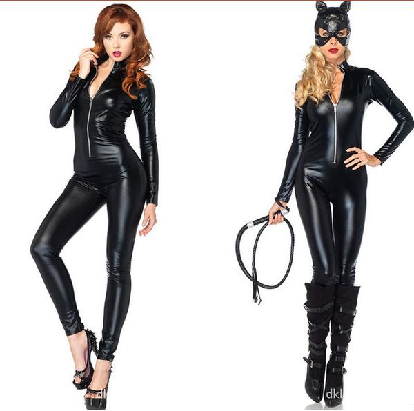 Heißer Verkauf Halloween Catwoman Kostüm Sexy Catsuit Frauen Party Einzigartige Tragen Wetlook Body Katze Cosplay Zipper Overall Mit Maske