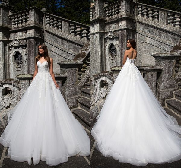 

2020 милла nova свадебные платья милая рукавов линия аппликация кружева развертки поезд свадебное платье сшитое, White