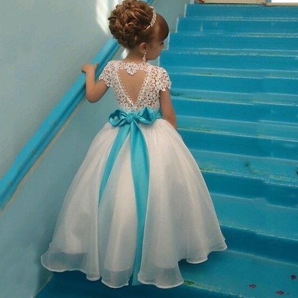 

lovely flower girls' dresses crew neck lace capped organza full length kids formal gowns with custom made crystals sash pageant dress, White;blue