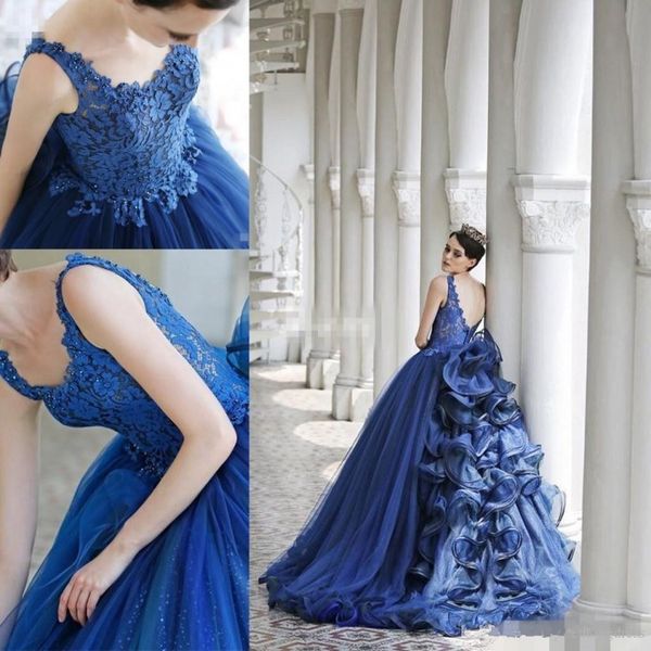 

beautiful lace appliques beaded sequins navy blue prom dresses 2017 tier layers tulle train backless arabic dubai party evening gowns, Black