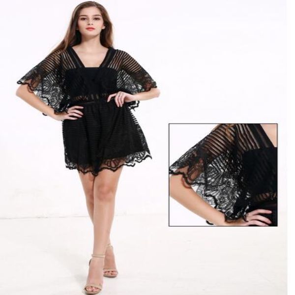 

black lace hollow out batwing long sleeve dress casual loose siamese trousers ing, Black;gray