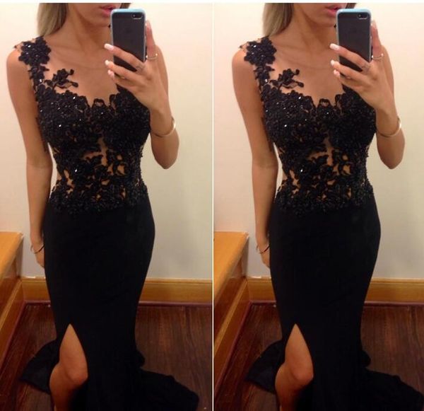 

сексуальные черные кружева длинные дешевые платья выпускного вечера 2016 с чистой шеи без рукавов спинки русалка вечерние платья партии веч, Black