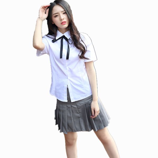 

japanese girl school uniforms korean student female white shirt + gray pleated skirt class service suits costumes for women