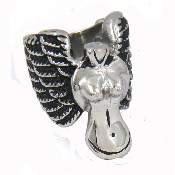 

fanssteel stainless steel punk vintage mens or womens jewelry naked angel with wing ring gift for brothers sisters 11w01, Silver