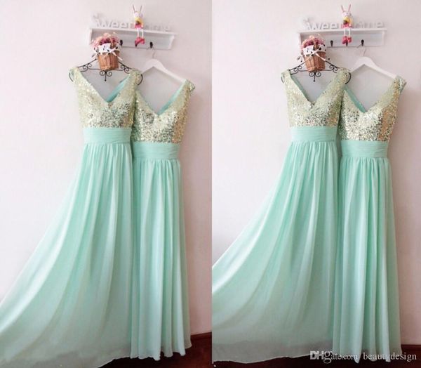 

2017 elegant chiffon v neck sequins long mint green champagne sleeveless long bridesmaid gowns wedding party gowns under 50, Blue;red