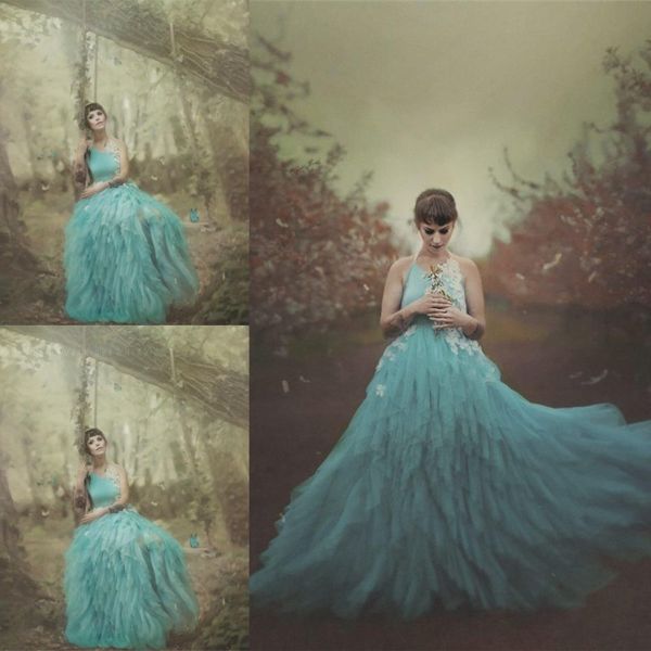 

turquoise green halter prom dresses with white appliques 2018 tulle tiered evening gowns backless floor length formal party dress, Black