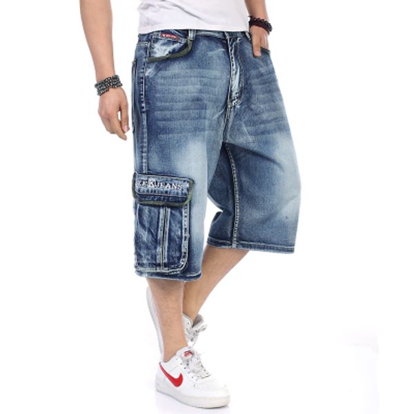 

wholesale-summer plus size capris hiphop shorts male loose multi-pocket jeans men's clothing ,3xl,4xl,5xl,6xl,big size, Blue
