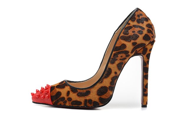 

luxury leopard horsehair leather red pointed toe with spikes womens pumps,120mm fashion designer red bottom high heels shoes wedding shoes, Black
