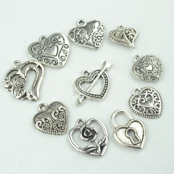 

wholesale-wholesale mixed 10*9pcs/lot vintage metal tibetan silver heart charms pendants jewelry findings makings fit diy jewelry 3349, Bronze;silver