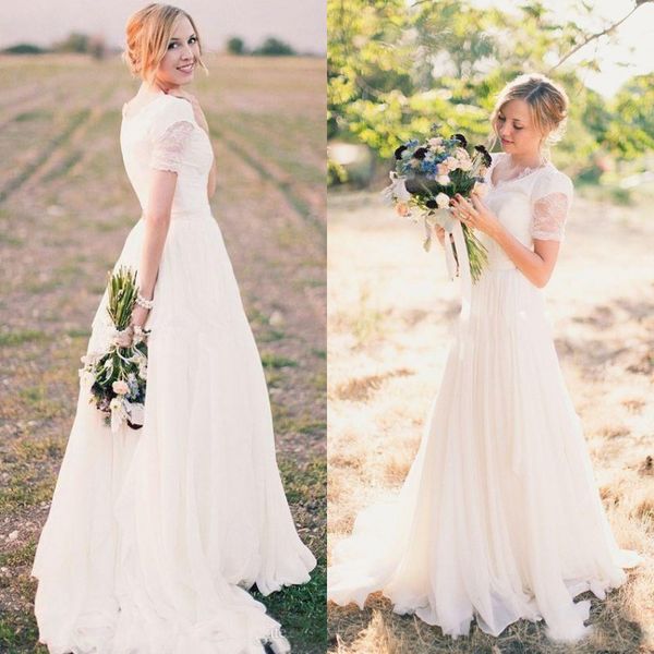 

vintage country style a line wedding dresses v neck lace chiffon skirt bridal gowns modest wedding dress with short sleeves, White