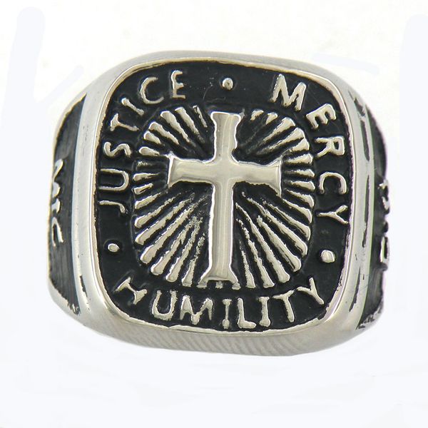 

stainless steel punk vintage mens or womens jewelry justice mercy humility mic bible cross ring gift for brothers sisters 11w13, Silver