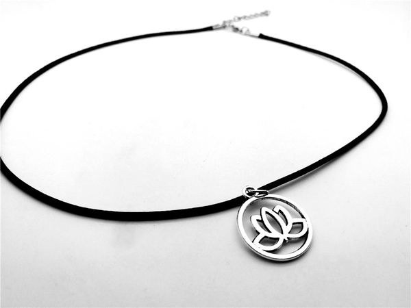 

30pcs simple hollow lotus flower pendant necklace charm tiny buddhist elements plant lotos leather rope necklaces for women, Silver