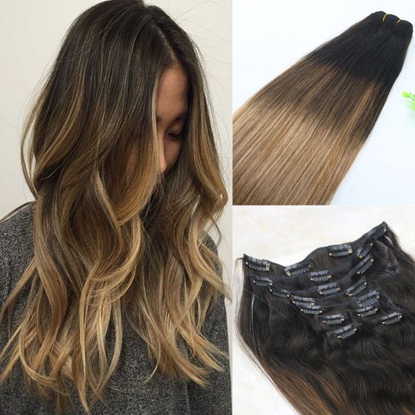 

#2/6/18 clip in human hair extensions balayage ombre medium brown with ash blonde balayage highlights 120gram 7pieces, Black