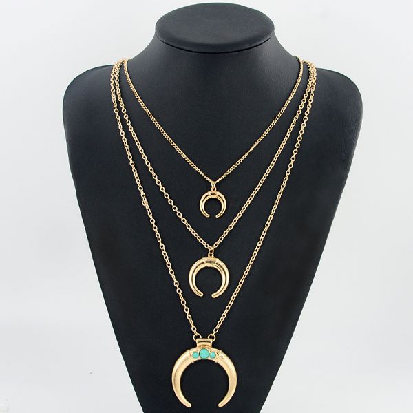 

wholesale-vintage multilayers crescent moon turquoise long necklace for women ethnic ox horn silver color link chain necklaces & pendant