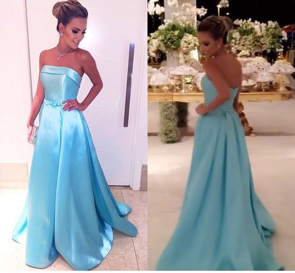 

elegant light blue strapless evening dresses with bow ruched satin floor length backless simple evening gowns formal prom dresses, Black;red