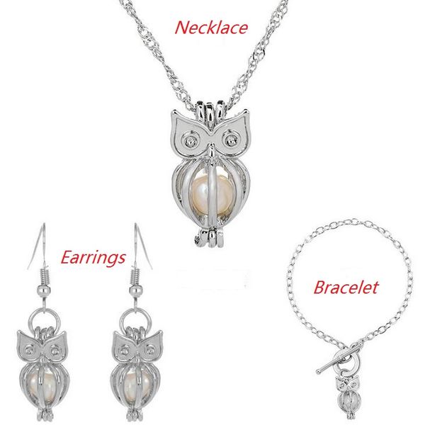 

love wish pearl cages locket jewelry sets hollow owl freshwater pearls oyster pendant bracelet earrings necklace (excluding pearl canned, Black
