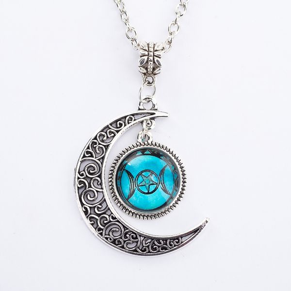

wholesale-silver chain triple moon goddess pendant black wiccan jewelry moon goddess necklace glass dome pentagram choker necklaces women