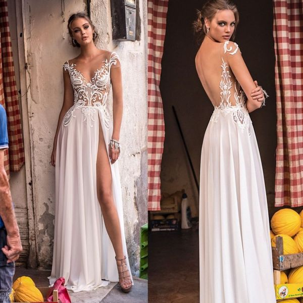 

берта пляж свадебные платья capped рукава высокого побочное щелевые свадебные платья 2020 jewel кружева аппликации длина пола линия свадебно, White