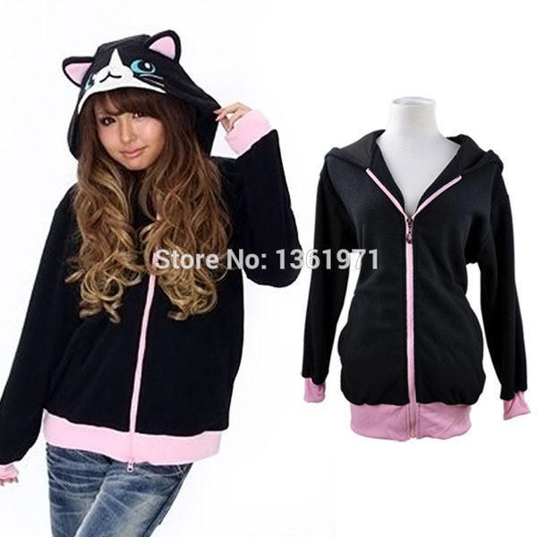 

wholesale- autumn winter anime animal cartoon women 's black cat hoodies with ears coat jacket warm polar fleece plus size kiguruma