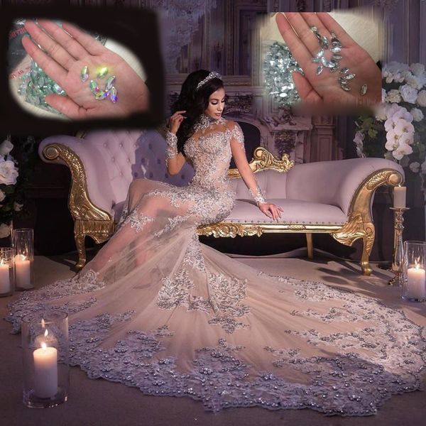 

stunning mermaid luxury crystal wedding dresses beaded high neck appliques long sleeves wedding gowns see-through chapel train bridal dress, White