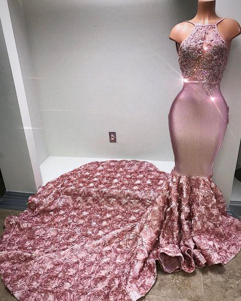 Babados em cascata Rosa Rosa Longo Mulheres Vestidos de Baile Halter Sexy Voltar Rose Flor Trem Da Varredura Apliques Frisada Lantejoulas Sereia Vestido de Noite