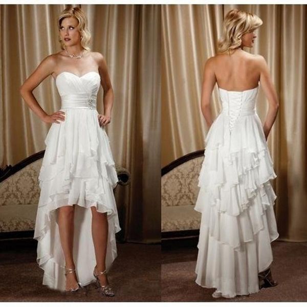 Vendita calda 2016 Abiti da sposa country western in chiffon corto davanti lungo indietro Abiti da sposa economici con volant a strati Abito da sposa da spiaggia alto basso personalizzato EN1201