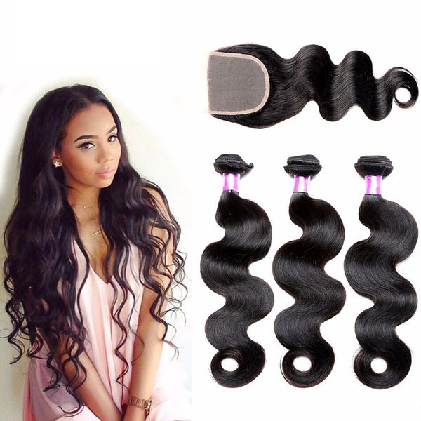 

brazilian body wave unprocessed human remy hair weave 3 bundles with 1pc closure peruvian indian malaysian body wave hair extensions, Black