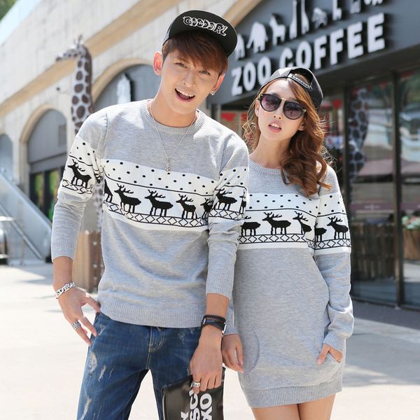 

wholesale-2016 christmas sweaters korean men's/women round collar long sleeve pullover sweaters plus size matching deer couple sweaters, White;black