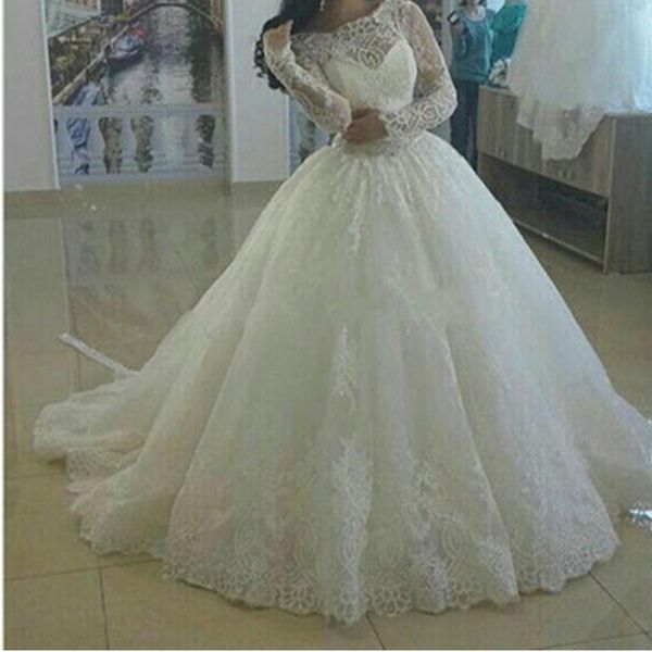 

white ivory princess ball gown long sleeve lace wedding dresses new style bridal vestido de noiva sheer custom made