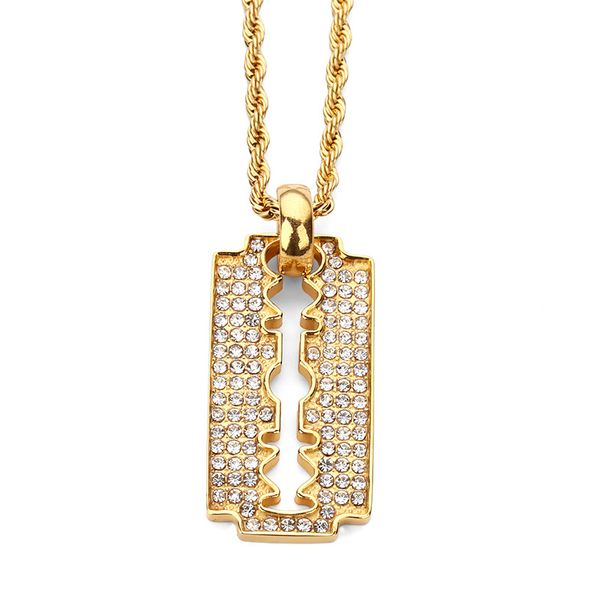

мода мужчины хип-хоп ожерелье лезвие бритвы подвески для ожерелья 18k позолоченные нержавеющая сталь 60 см длинная цепь полный горный хруста, Silver