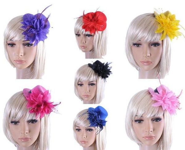 

new feather hat wedding ribbon gauze lace feather flower mini hats fascinator party hair clips caps homburg millinery bridal accessories, Slivery;golden