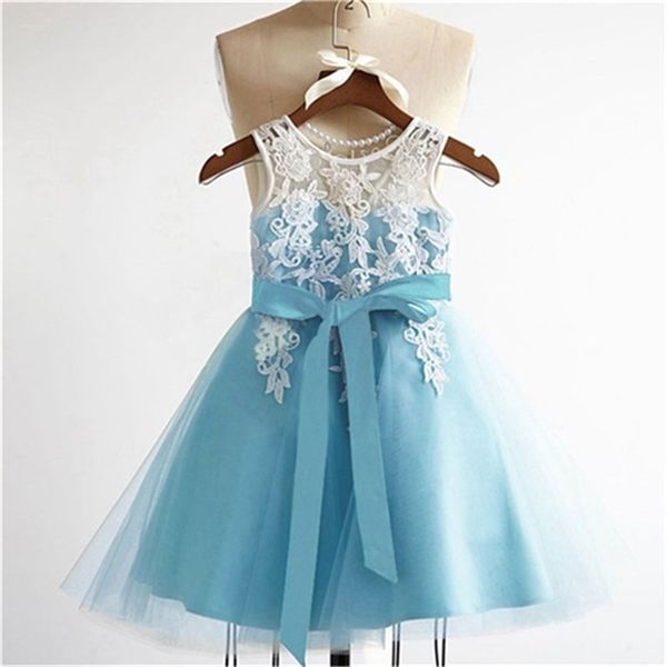 

новый цветок девушка платья для свадьбы v-обратно маленькие девочки дети / ребенок платье с поясами принцесса бал партии pageant причастие п, White;blue