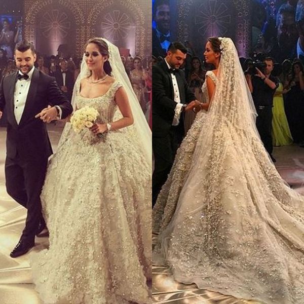 

sparkling luxurious dubai wedding dress square neckline beaded sequins applique organza bridal dresses charming princess wedding gowns, White