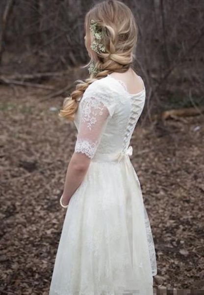 

2019 модест кружевные свадебные платья новый дизайн scoop декольте подходящий пояс a-line половина рукава раффлед свадебные платья vestidos, White