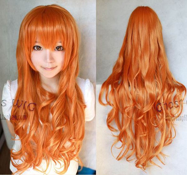 Frete grátis por atacado 80 CM Vocaloid Luka Ruka Ímã Longo Ondulado Peruca Cosplay Laranja