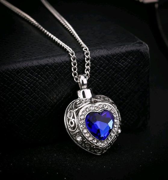 Blue Gem Urna Medalhão Coração Pingente Colar de Cristal Oceano Amor Corações Cinzas de Cinzas de Cremação