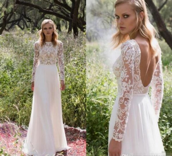 

Limor Rosen 2017 Lace Beach Garden Wedding Dresses Scoop Long Sleeves Backless A-line Bridal Dresses White Chiffon Long Wedding Bridal Gowns