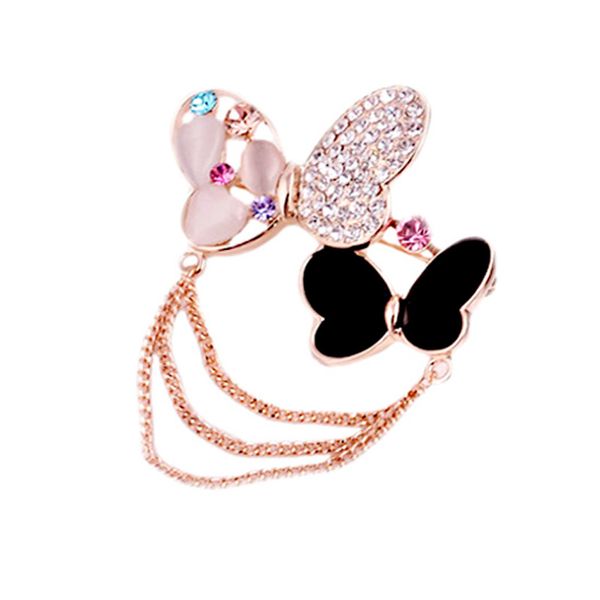 Alta Qualidade Liga Dupla Borboleta Borboleta Broche Cristal Rhinestone Opal Lenço Broches Para As Mulheres Cadeia De Ouro Tassel Pins Bouquet Festa De Casamento Presentes