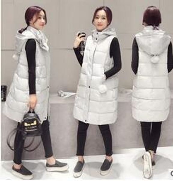 

2017 new long winter women down vests pink gray black clothes parkas coats zipper hooded pocketable long women's waistcoat fs1046, Black;white