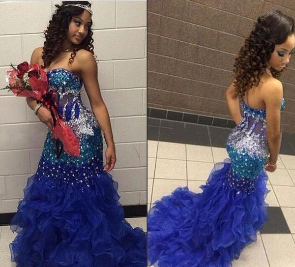 

sunjai williams длинные русалка платья выпускного вечера 2020 без бретелек сверкающие бусины стразы королевский синий оборками органза вечер, Black