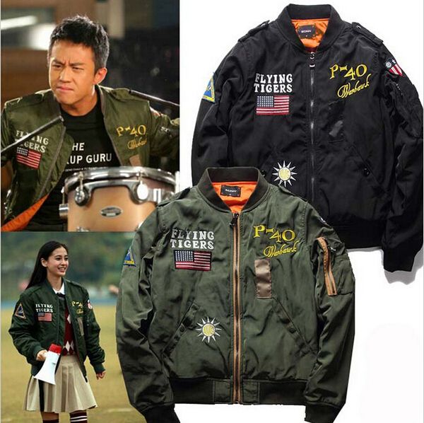 

wholesale- men bomber jacket us army flying tiger pilot flight jackets thick warm vintage motorcycle embroidered baseball jacket coats j151, Black;brown