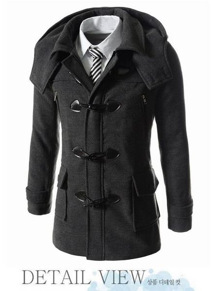 

wholesale- winter men's woolen horn button coats casual overcoat fashion wool coat men windbreaker jacket peacoat for man, Black