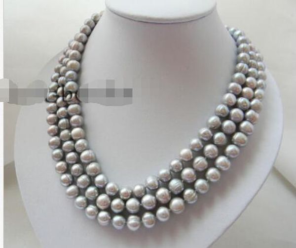 

3strands 18'' 9.5mm gray round freshwater pearl necklace, Silver